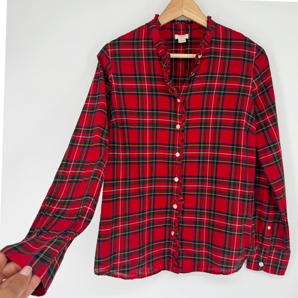 JCrew Plaid Ruffle Button Down Shirt Sz M Red Thin Cotton Festive Preppy Cottage